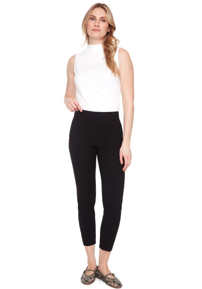 BLACK TEXTURED TECHNO PETAL-SLIT ANKLE PANT
