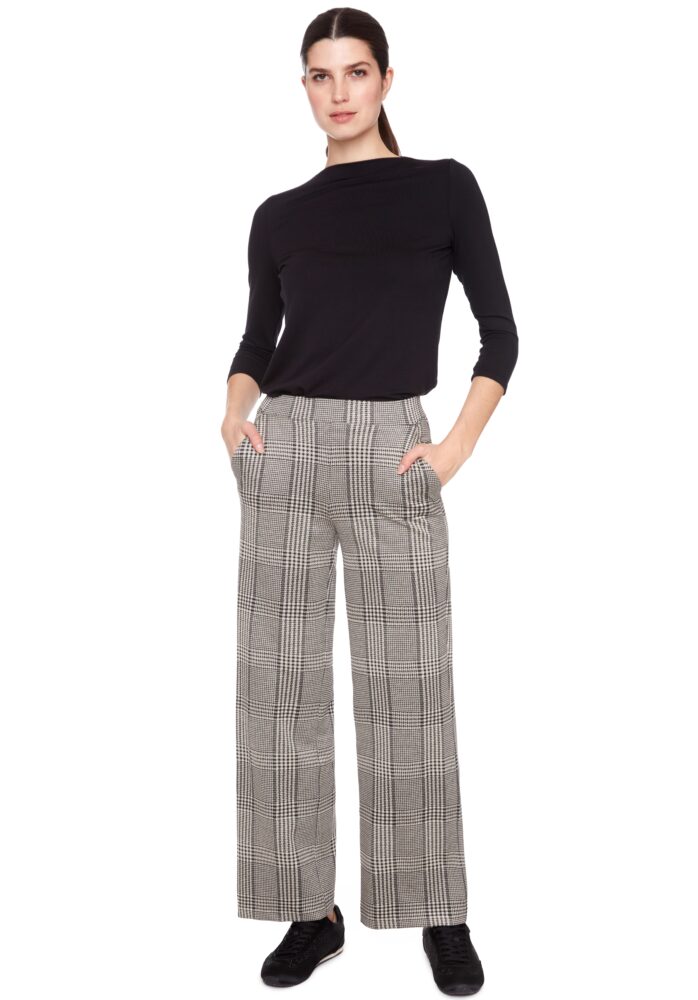 BEIGE PLAID KNIT WIDE-LEG FULL-LENGTH PANT