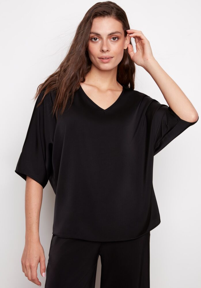 BELIZE SATIN V-NECK SHORT SLEEVE TOP